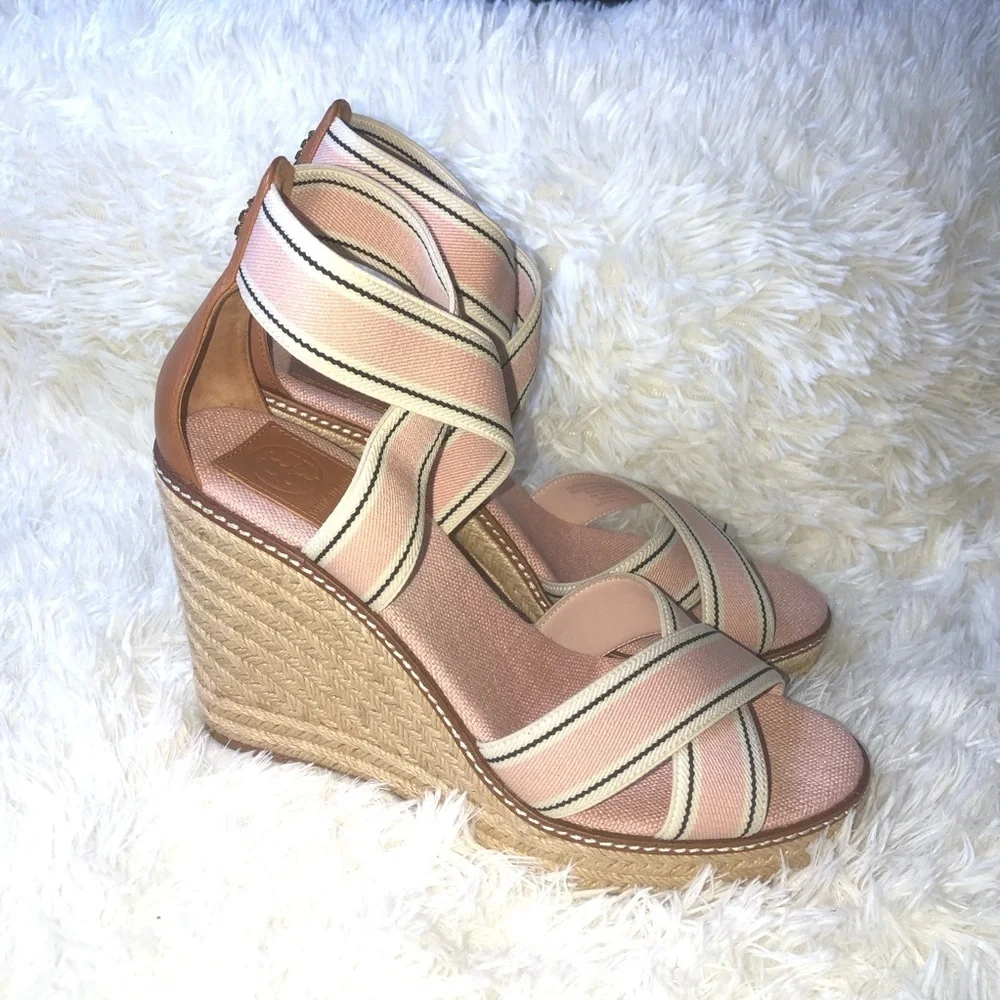 Tory Burch Pink and Tan Wedge Sandals size 10-11